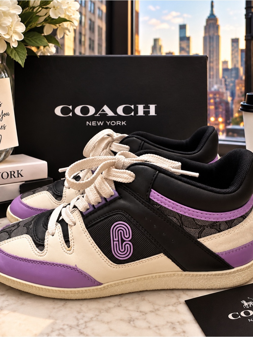 Coach Mid Top Sneakers in Black, white & Purple